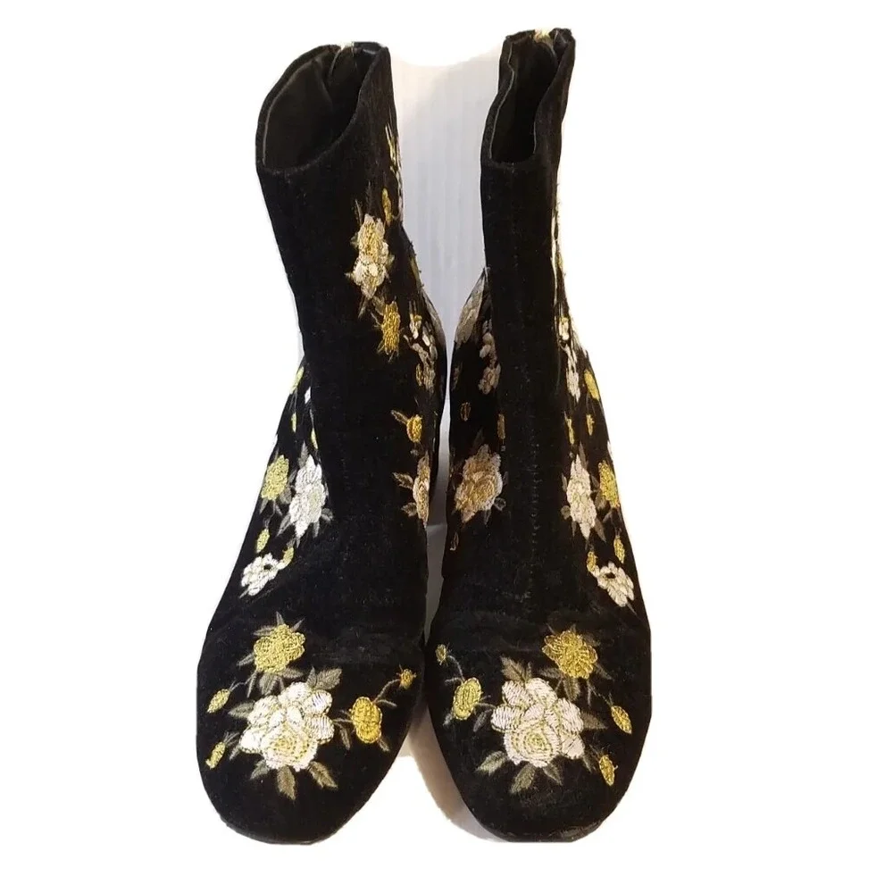Forever 21 Topshop Womens Boots Sz 8 Black Velvet Floral Feminine Side Zip Shoes